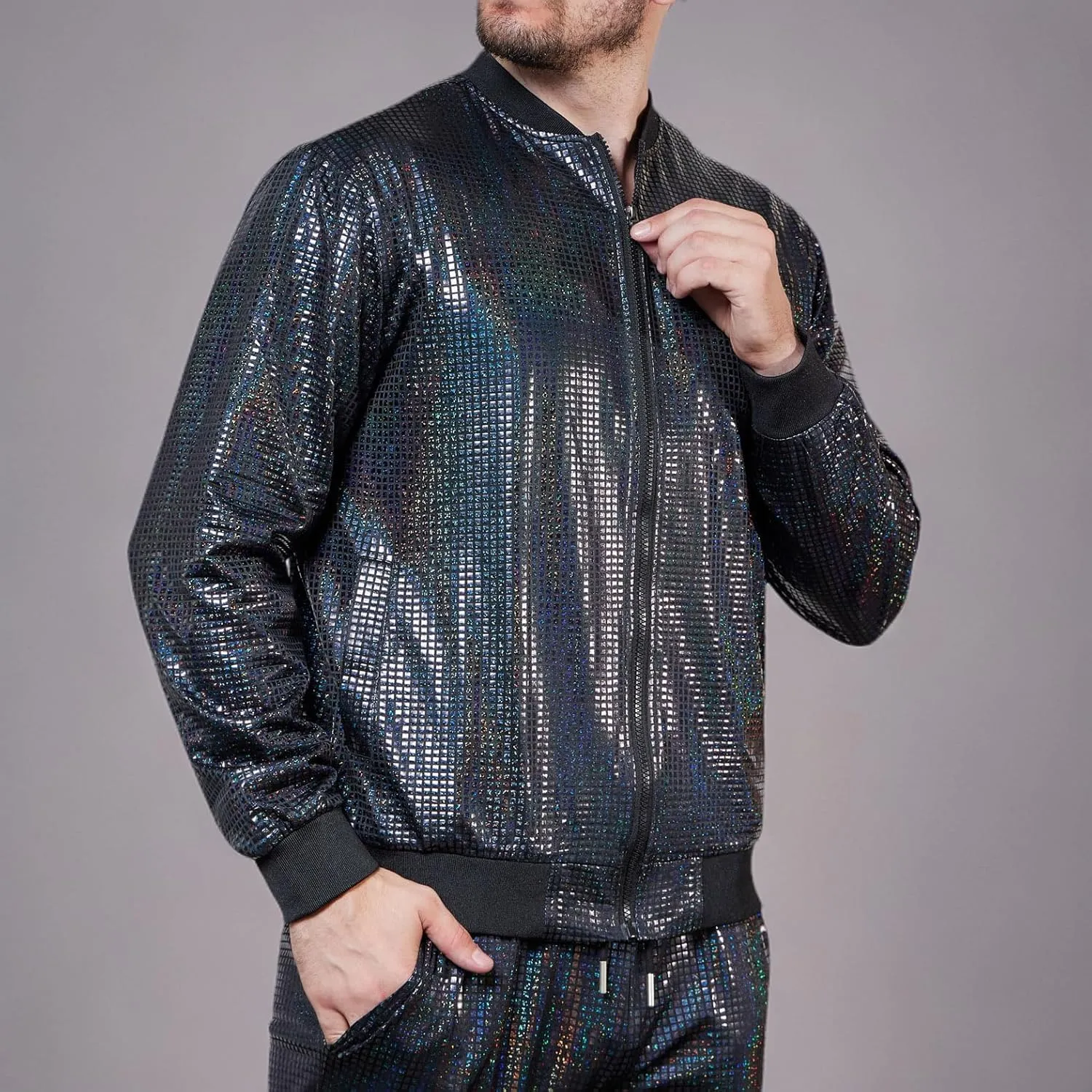WULFUL Men's 70s Disco Costume Party Sequin Metallic Varsity Bomber Jacket